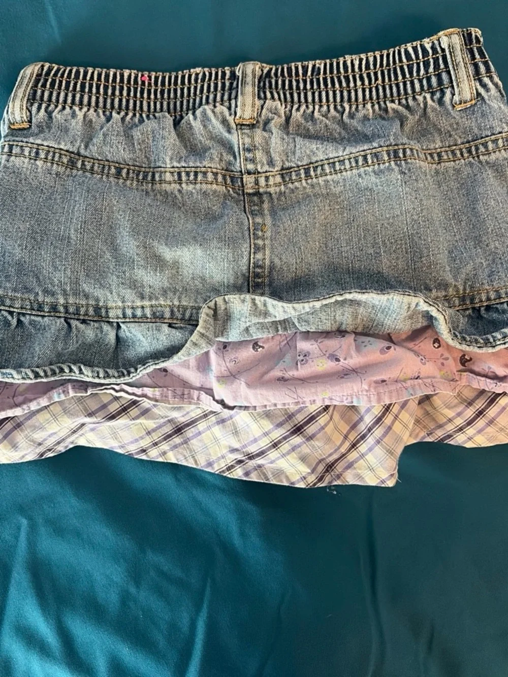 Faded Glory Girls' Light Blue Denim Skirt with Purple Plaid Ruffle